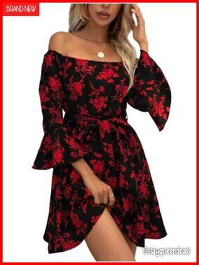 Off Shoulder Ruffle Sleeve Smocked Waist A-Line Mini Dress